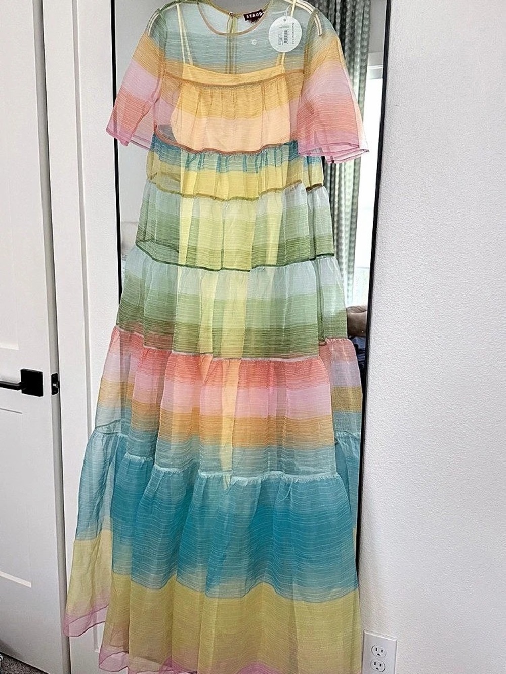 STAUD Hyacinth Tiered Organza Maxi Dress Color Block NWT
